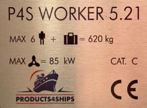 CE-plaat van de P4S Worker aluminium werkboot met CE-ontwerpcategorie C.